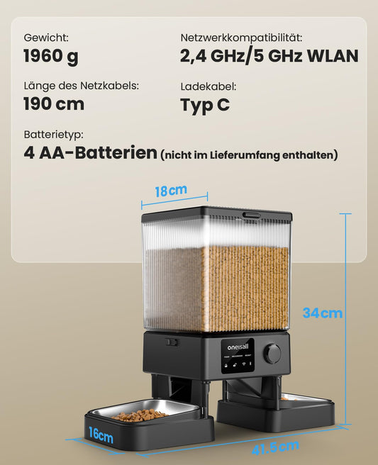 oneisall 5L Futterautomat Katze 2 Näpfe, 5G/2.4G WiFi Intelligenter Katzenfutter Automat, Einfache Bedienung mit APP-Steuerung, Futterspender für Katzen/Hunde, mit 2 Edelstahlschüssel, Voice Recorder