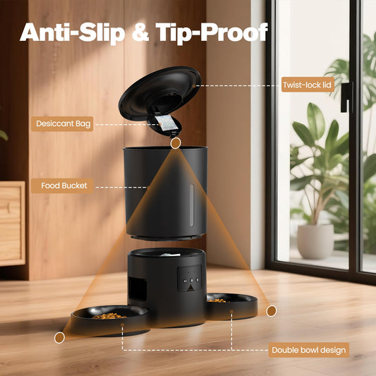 Futterautomat Katze 2 Näpfe mit APP: 5L Automatischer Futterspender mit 2.4G WiFi Timer für Trockenfutter - AONBOY Doppelnapf Design für Mehrkatzenhaushalte & Hunde - Schwarz