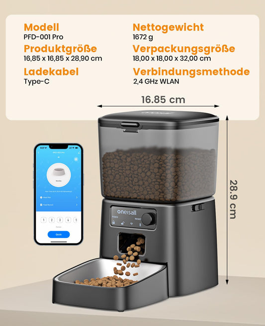 oneisall 3.5L Futterautomat Katze, WiFi Intelligenter Katzenfutter Automat, APP-Steuerung, 1-12 Mahlzeiten pro Tag, Futterspender für Katzen/Hunde, mit Edelstahlnapf (Schwarz)