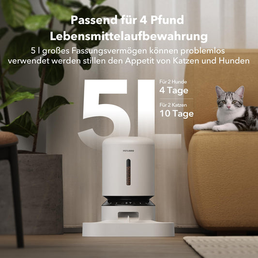 PETLIBRO 5L Futterautomat für 2 Katzen und Hunde mit APP, 5G-WLAN-Haustierfutterspender, Automatische Katzenfutterspender mit Sensor für niedrigen Futtermangel, 1–10 Mahlzeiten pro Tag
