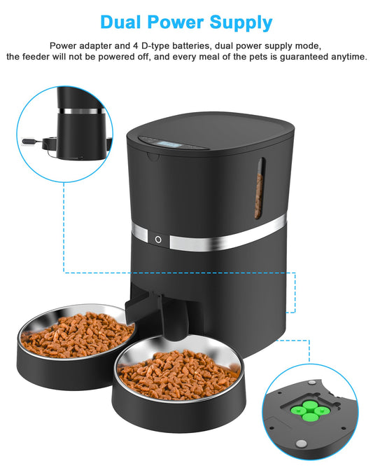 WellToBe Smart Futterautomat Katze & Hund, WiFi Automatischer Futterspender für 2 Katze, Pet Feeder mit Timer, Ton-Aufnahmefunktion, App-Steuerung, Portion, zu 6 Mahlzeiten am Tag (Schwarz)