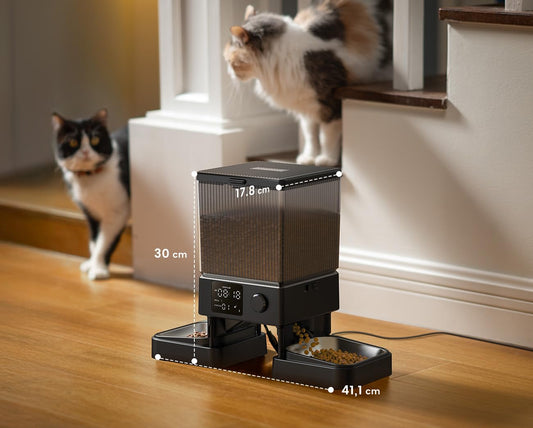 oneisall 5L Futterautomat Katze 2 Näpfe, Katzenfutter Automat mit einem Knopf, Einfache Bedienung, Futterspender für Katzen/Hunde, mit Edelstahlschüssel, Voice Recorder, für kleine/mittlere Haustiere